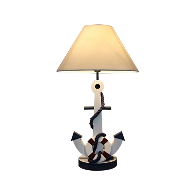 White and Blue Anchor Desk Lamp Coastal Wood and Fabric Accent Lamp with Rope Fishnet for Children Bedroom