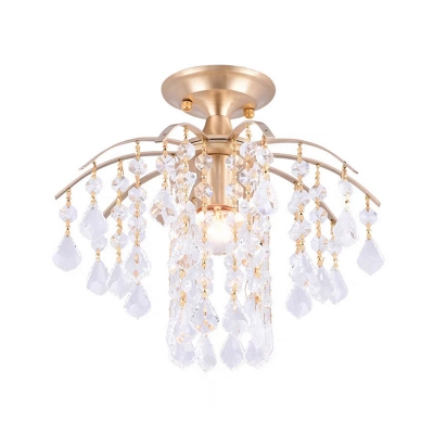 1 Head Crystal Ceiling Fixture for Corridor, Contemporary Metal Semi Flush Mount Light in Gold