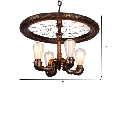 Bicycle Wheel Hanging Pendant Lights Industrial Metal 4 Bulbs Pipe Ceiling Light for Living Room