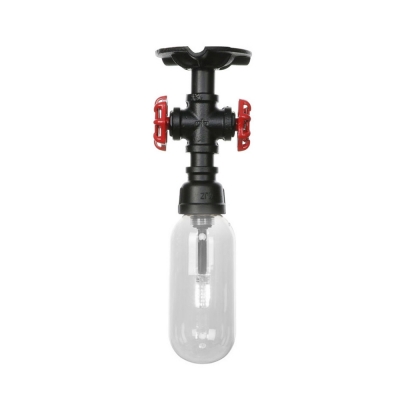 Black 1 Light Semi-Flush Mount Aged Steel Pipe Semi Mount Lighting with Clear Glass Shade for Coffee Shop