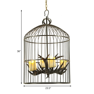 Black Bird Cage Hanging Lamp with Candle and Antlers 4 Lights Resin Chandelier for Porch Restaurant