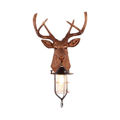 Brown Deer Wall Lamp 1 Light Rustic Industrial Resin Wall Mount Light with Clear Glass Shade