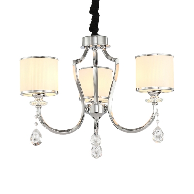 Chrome Curved Arm Chandelier Lamp with Cylinder White Glass Shade 3-Light Modern Hanging Light