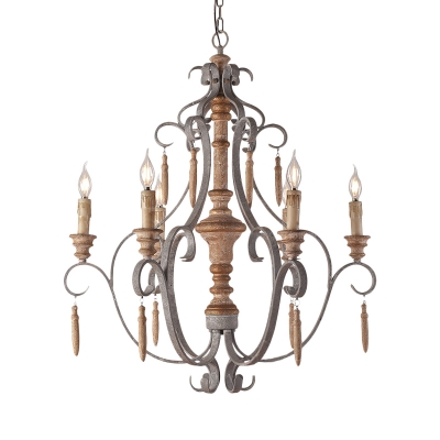 French Country Candle Pendant Light Wood Foyer Chandelier Lighting with Hanging Chain