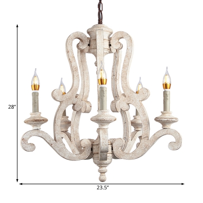 French Country Chandelier Lighting with Candle Solid Wood 5 Lights Pendant Lamp in Distressed White