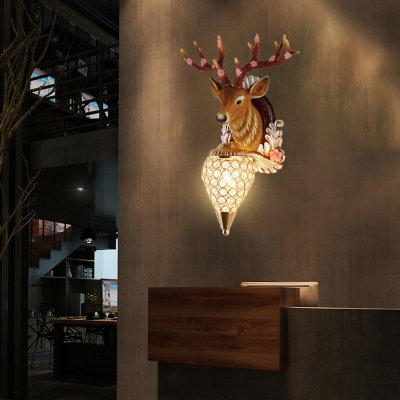 Gold Teardrop Wall Mount Light Rustic Style Resin Deer Single Sconce Light with Crystal Shade