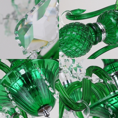 Green Pendant Chandelier Modern Glass and Crystal 6 Light Candle Ceiling Pendant for Kitchen Dining