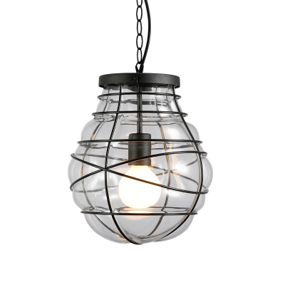 Jar Hanging Light Coastal Iron and Blown Glass 1-Light Cage Ceiling Lights for Living Room