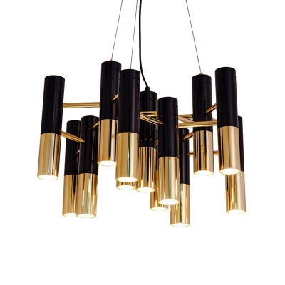 LED Tube Hanging Chandelier Modernism Black and Brass Pendant Light with Metal Shade