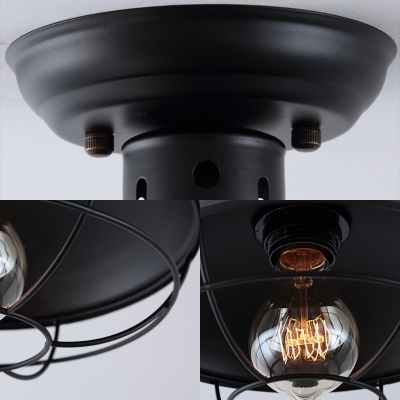 Matte Black Round Grill Ceiling Lights Farmhouse Style Iron 1 Head Semi Flush Mount Light for Dining Table
