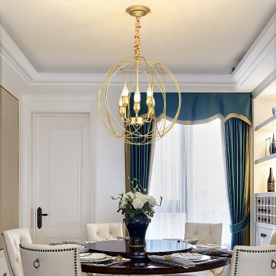Metallic Candle Chandelier with Globe Cage Restaurant Elegant Style Pendant Light in Gold