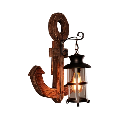 Nautical Anchor Sconce Lights Iron and Glass 1 Head Sconce Light Fixture with Wooden Base in Black for Bar