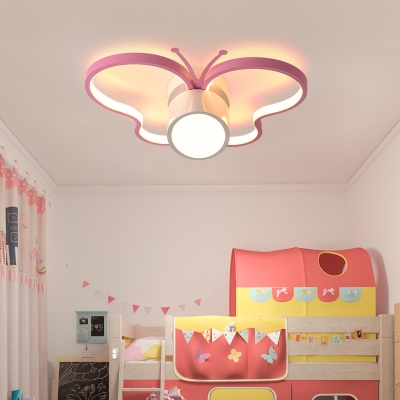 Pink Butterfly Flush Lighting Kids Modern Metal Ceiling Flush Mount with Acrylic Diffuser