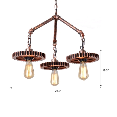 Retro Gear Hanging Chandelier Iron 3 Lights Open Bulb Ceiling Light Fixture for Dining Room