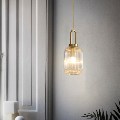 Ribbed Glass Lantern Pendant Light with Handle Contemporary 1 Light Ceiling Light in Gold