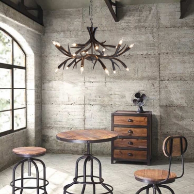 Rustic Exposed Bulb Pendant Light with Antler Design Resin 18 Lights Black Chandelier