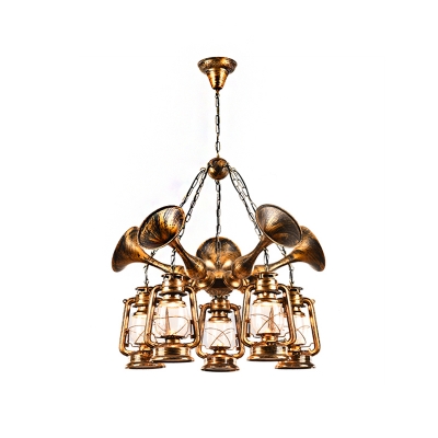 Trumpet Chandelier Lighting Fixture Coastal Steel Lantern Chandelier in Antique Brass for Living Room