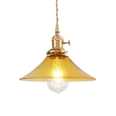 Vintage Industrial Cone Cord Pendant Glass 1-Light Hanging Ceiling Light in Brass Finish