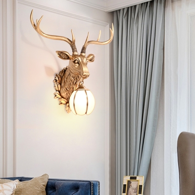 Vintage Stag Head Wall Mount Lighting with White Glass Globe Shade 1 Light Resin Wall Lamp