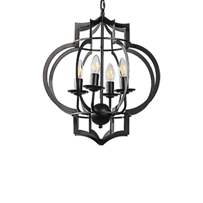 4 Light Square Hanging Pendant for Kitchen Dining, Modern Iron Black Chandelier Light Fixture with Chain