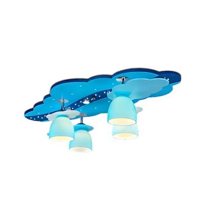 4 Lights Dome Semi Flushmount with Blue Cloud Canopy Handblown Glass Kids Ceiling Light