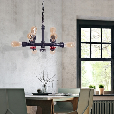 8-Light Open Bulb Hanging Chandelier Loft Industrial Steel Red Valve Hanging Ceiling Lights for Restaurant