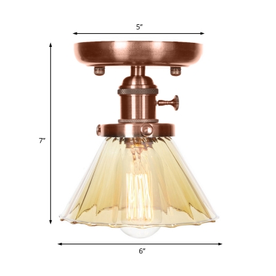 Antique Creative Semi Flush Light Iron and Glass 1 Head Ceiling Fixture in Antique Copper for Bedroom