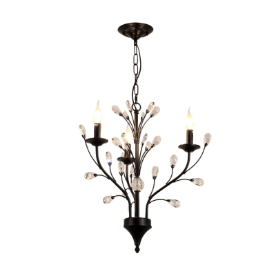 Black Candle Pendant Lighting Traditional Iron 3/6/9/12 Lights Hanging Chandelier with Crystal Decoration