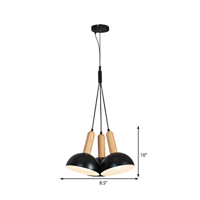 Black Dome Multi Light Pendant Nordic Style Iron and Wood 3 Light Hanging Lights for Dining Room