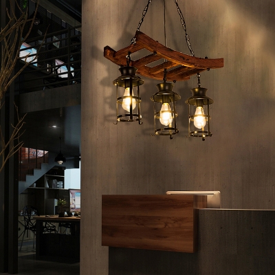 Caged Pendant Lights Traditional Wood and Iron Hanging Light Fixtures in Black for Coffee Shop Bar