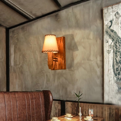 Cappuccino Shade Wall Mounted Light Country Fabric and Wood Wall Sconce Lighting for Coffee Shop