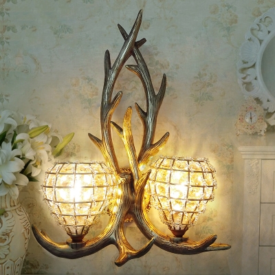 Clear Crystal Gourd Wall Lighting with Antler Decoration Country Style Double Wall Sconce