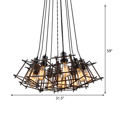 Cluster Multi Light Pendant Loft Iron 10-Light Square Cage Multi Pendant Light in Black for Living Room