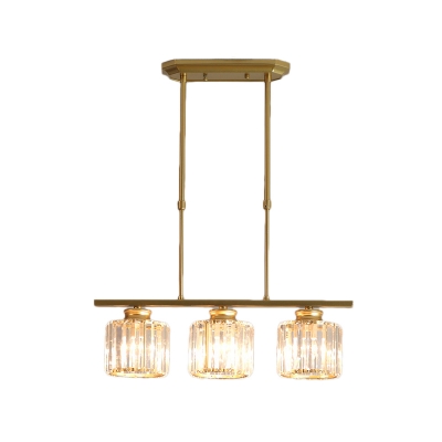 Gold Cylinder Island Light Contemporary Crystal Metal 3/4 Heads Pendant Lights over Island