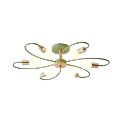 Gray and Green Curve Semi Flush Light 3/6/8 Light Modern Wood Ceiling Light for Bedroom