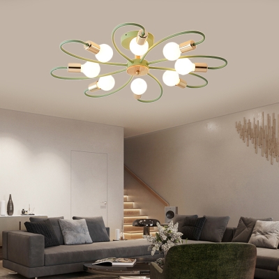 Gray and Green Curve Semi Flush Light 3/6/8 Light Modern Wood Ceiling Light for Bedroom