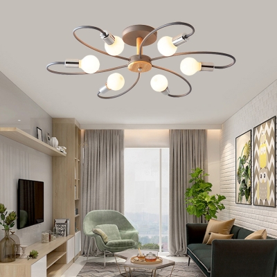 Gray and Green Curve Semi Flush Light 3/6/8 Light Modern Wood Ceiling Light for Bedroom