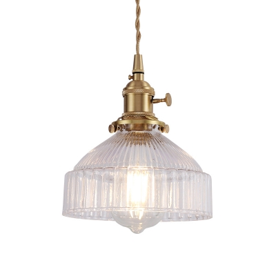 Industrial-Style Brass Hanging Lamp 1-Light Cord Pendant with Clear Ribbed Glass Shade