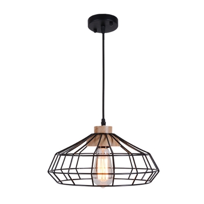 Modern Caged Pendant Lamps Iron Single-Bulb Pendant Ceiling Lights with Wood in Black for Dining Room