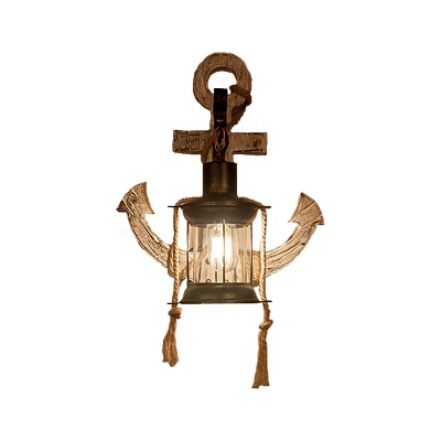 Nautical Lantern Sconce Lights Iron 1 Head Rope Sconce Light Fixture with Wooden Base in Distressed Black