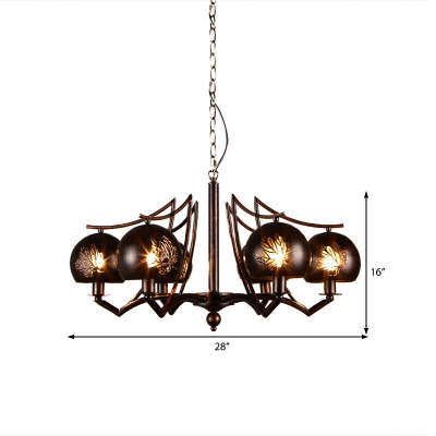 Rust Sphere Hanging Chandelier Industrial Modern Metal 6 Light Hanging Pendant with Hollow Leaf Lampshade for Indoor