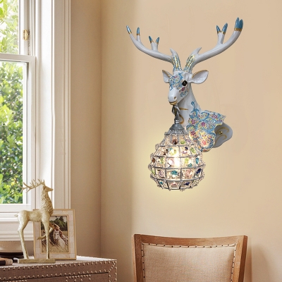 Rustic Gourd Wall Sconce Lighting Colorful Crystal Bead 1 Light Living Room Wall Light with Deer