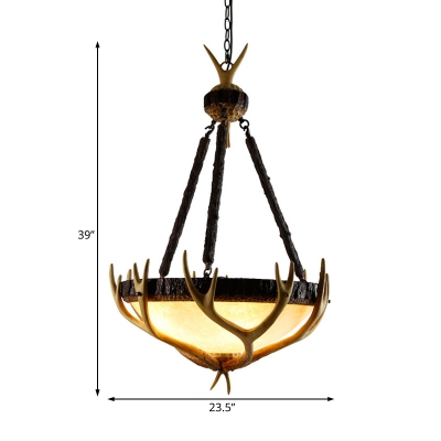 Rustic Stylish Chandelier Light Wood and Glass Hanging Lamp with Antlers for Lodge