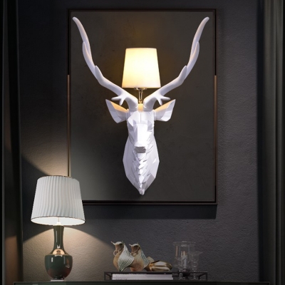 Tapered Fabric Shade Wall Lighting with Deer Head Art Deco Modern Sconce Lighting in Chrome