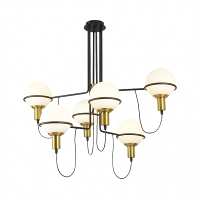 White Glass Sphere Chandelier Lamp 6 Lights Mid Century Modern Hanging Light in Satin Brass