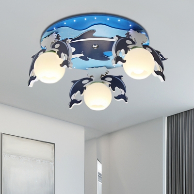 Wood Dolphin Ceiling Light Cartoon 3 Heads Semi Flush Light with Opal Glass Shade