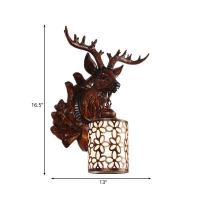 1 Light Cylinder Wall Mount Light with Deer Country Style Metal Wall Sconce for Corridor