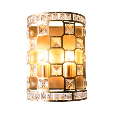 2 Lights Half Cylinder Wall Mount Lighting Colonial Metal and Clear Crystal Wall Lamp in Gold