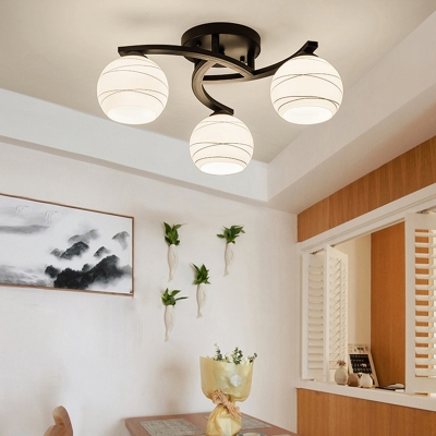 3/5/8 Heads Spherical Semi Flush Ceiling Light with Swivel Backplate White Glass Loft Ceiling Lighting in Black