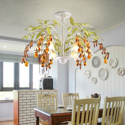 3/6 Lights Petal Pendant Light with Crystal and Leaf Country Style Opal Glass Chandelier in Distressed White